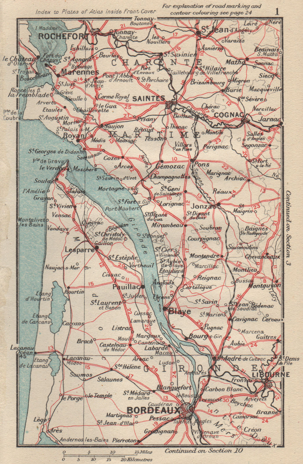 GIRONDE ESTUARY. Bordeaux Rochefort Libourne Cognac. Charente-Maritime 1954 map